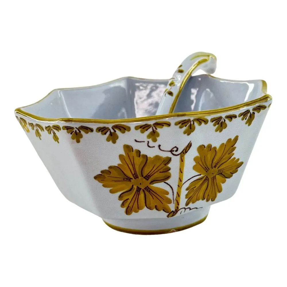 Vintage Mid Century Italian Octagon Soup Bowl Spoon Golden Leaves Made In Italy